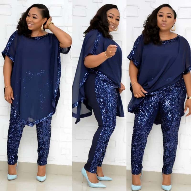 Conjunto africano de dos piezas de gasa, conjunto de ropa Dashiki informal de dos piezas para mujer, Top de manga murciélago y pantalones de tubo de lentejuelas,