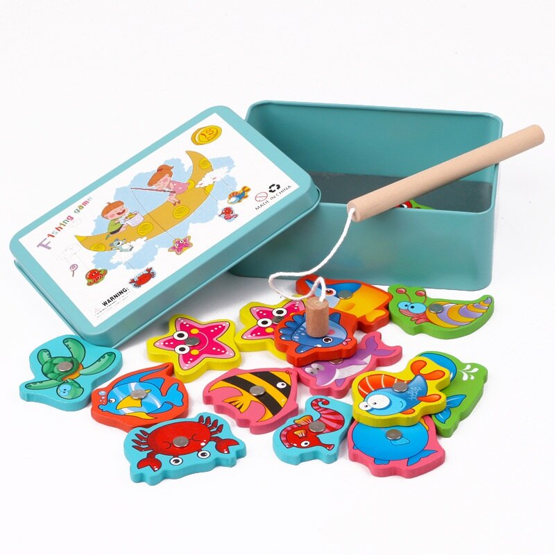 Baby Educational Toys 7-15Pcs Fish Wooden Magnetic Fishing Toy Set Fish Game Educational Fishing Toy