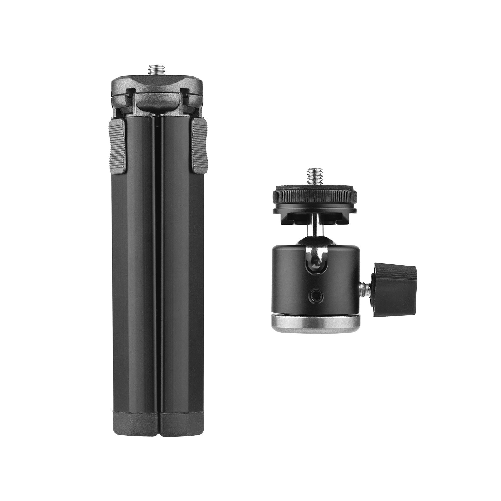 Mini-stativ aus aluminiumlegierung mit kugelkopf (doppelt verwendbar), tragbarer stativgriff, kugelkopf und 1/4 blitzschuhe für smartphone-kameraaufnahmen