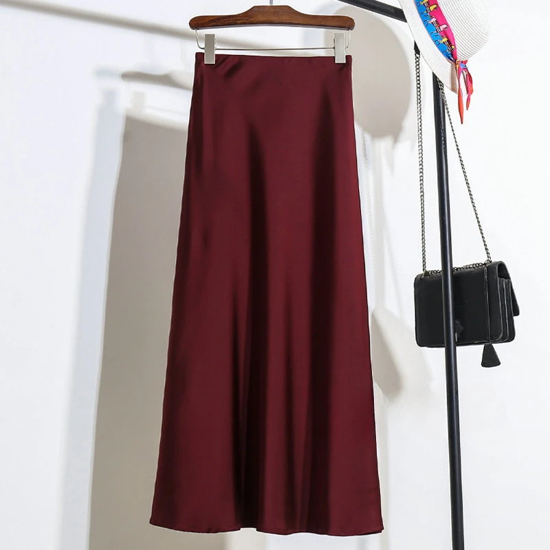 Højtaljet a-linje nederdel til kvinder satin silke ensfarvede nederdele kontordame elastisk talje dame lang nederdel sommer: Xl / Mørke lilla