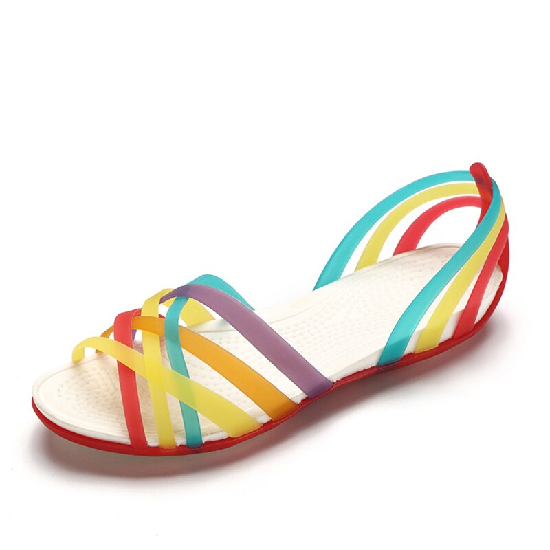 MCCKLE kobiety tęczowe galaretki sandały cukierki kolor Peep Toe damskie płaskie buty plażowe wsuwane slajdy Casual damskie letnie obuwie: red / 5