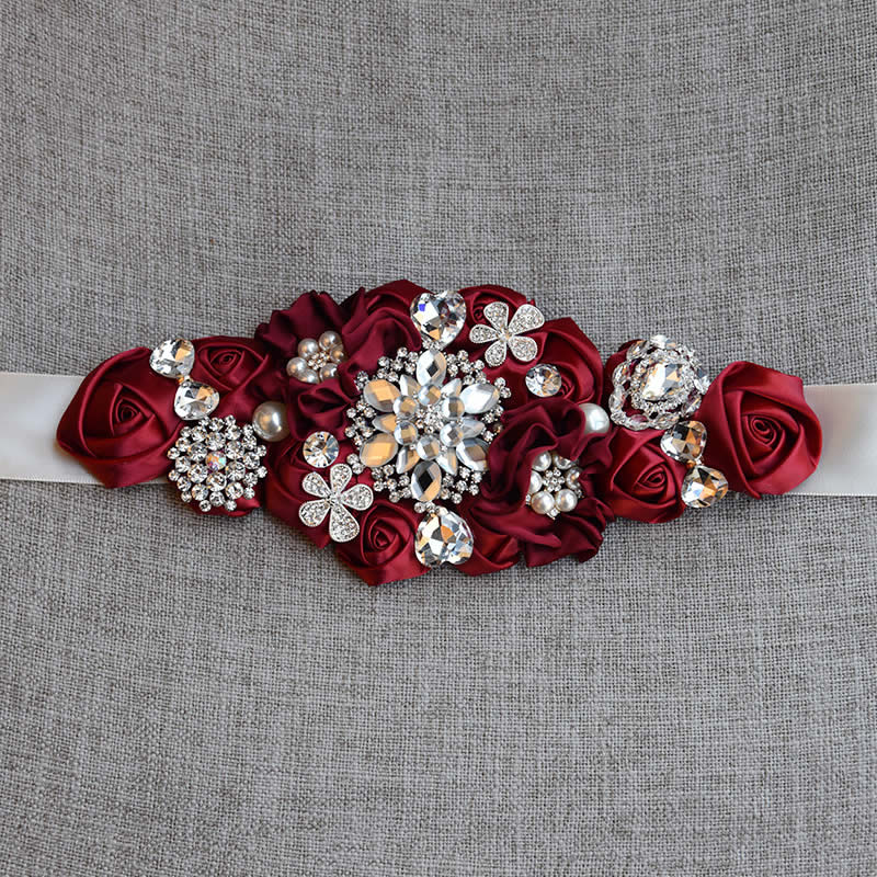 Cinturones de boda de cristal, apliques de flores de satén, banda de diamantes de imitación, accesorios de boda, cinturón de novia: Wine Red