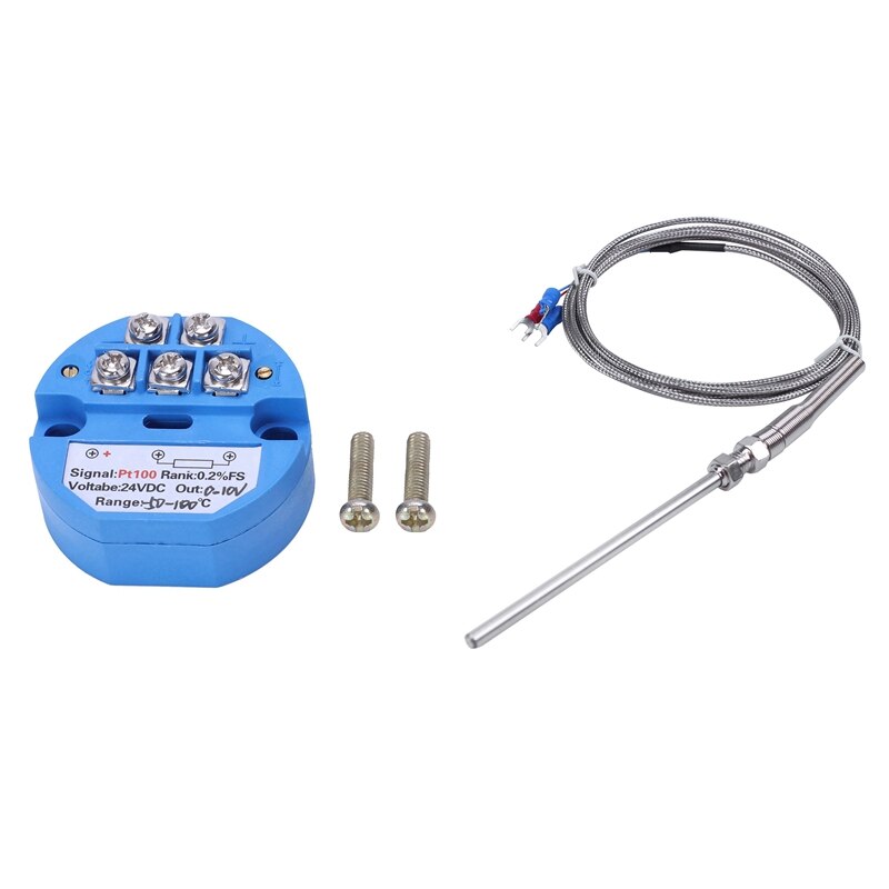1Pcs RTD PT100 Temperature Transmitter DC24V Minus 50 - 100 Degree Output 0-10V & 1Pcs Steel Temperature Probe Pt100 RTD Sensor