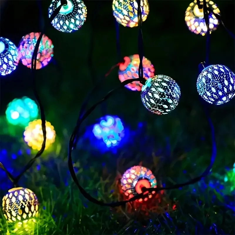 Luz Solar de bola marroquí de 12/7m, 5M/6M, lámpara de jardín de hadas impermeable para exteriores, 8 modos para jardín, patio, paso, iluminación exterior