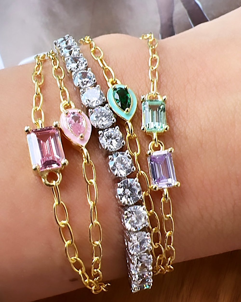 Goud Kleur Papier Clip Keten Kleurrijke Birthstone Cz Geometrische Rechthoek Charm Armband Voor Vrouwen