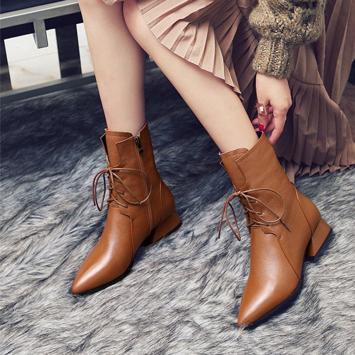 Botas de mujer de punta puntiaguda, botines de felpa verde, botas de invierno cálidas para mujer, botas de cuero con cremallera metálica y tacón alto para otoño.: Marrón / 7.5