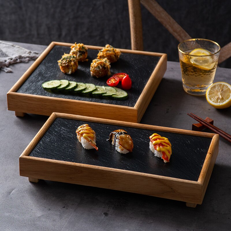 Black Rock Plate Restaurant Hotel Western Plate Kitchen Bamboo Wood Pot Shabu-shabu Plate Slate Tableware Barbecue Plate