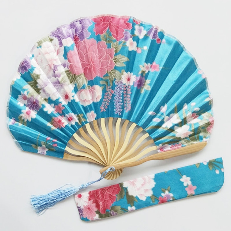 Bamboo Flower Printed Japanese Style Foldable Hand Held Fan Decor