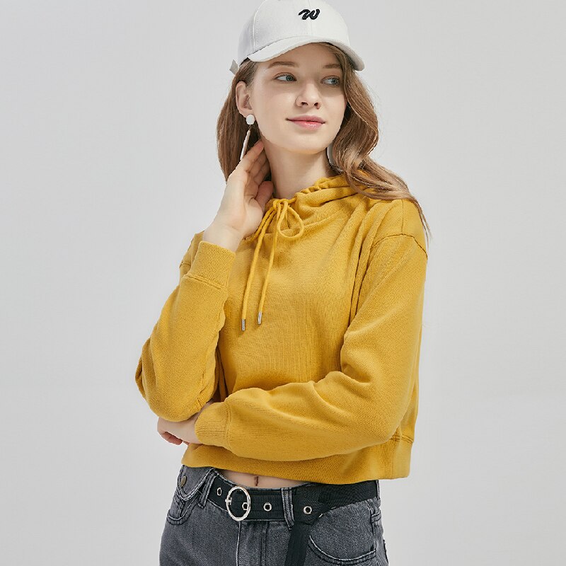 T-shirt a maniche lunghe autunno inverno cammello abbigliamento esterno con cappuccio moda donna top allentati