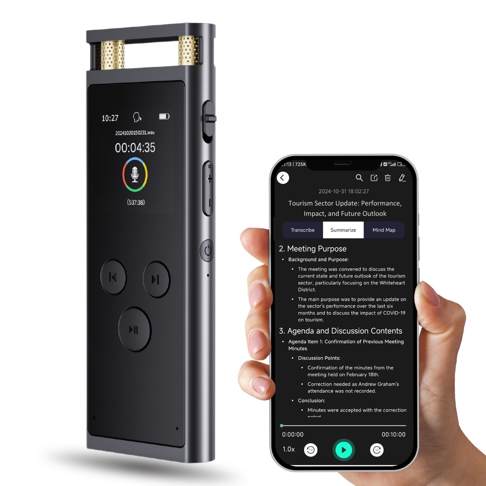 AI Voice Recorder met APP-transcriptie, GPT-4o-samenvatting, mindmapping, spraakactivering 64GB aluminium dictafoon [AI-versie]