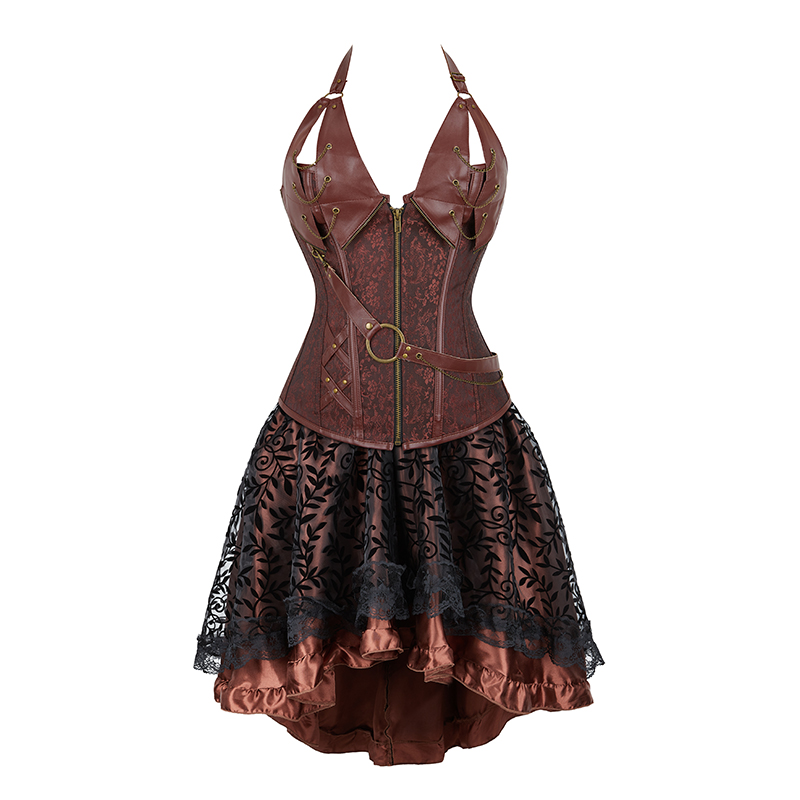 Brown Corset Dress Set Women's Steampunk Gothic Bustier Corset with High Low Skirt: XXXL / CORAL RED