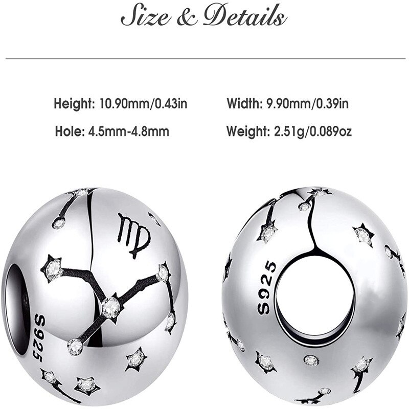 Codemonkey original sterling silber 925 sternbild-zodiak-rundperlen 12 passend für original 3mm armbandanhänger, cmc 1218