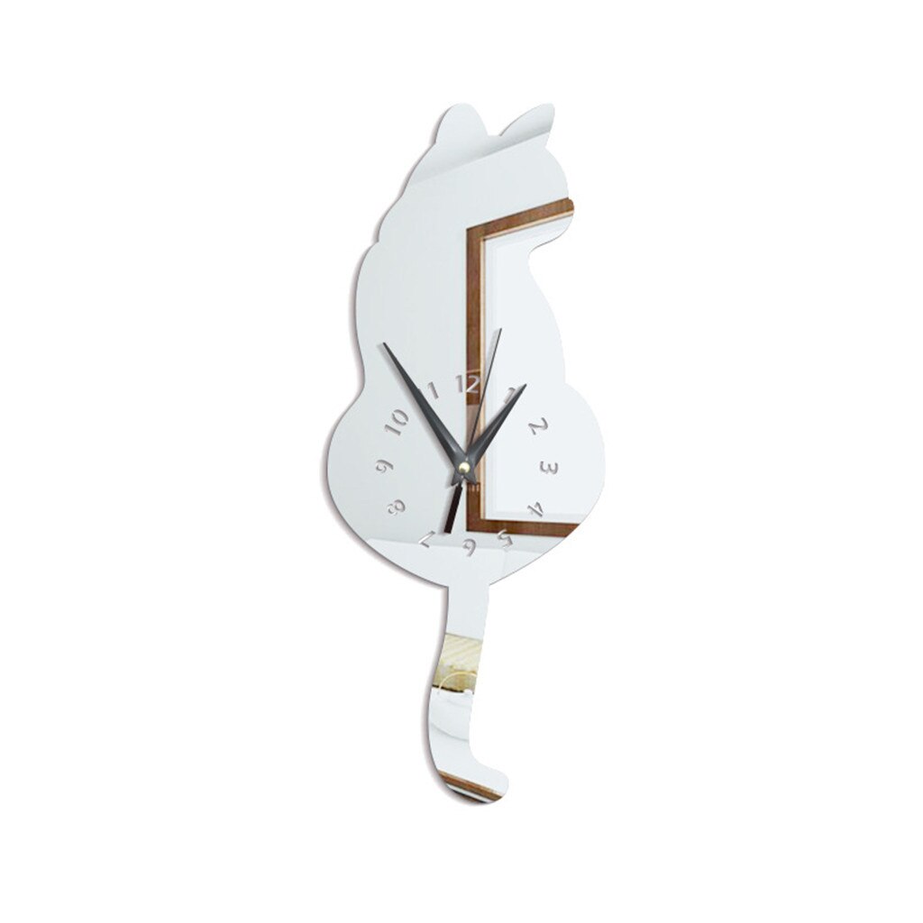 3D Cartoon Cat wall clock modern Modeling Acrylic Mirror Clock Home Decoration Wall Clock horloge murale: Silver 