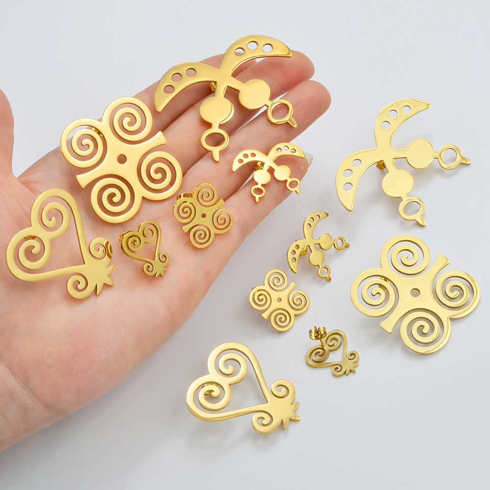 Anniyo African Ancient Cultural Symbol Stud Earrings Stainless Steel Akofena Adinkra Gye Nyame Sankofa Ethnic Jewelry #325101