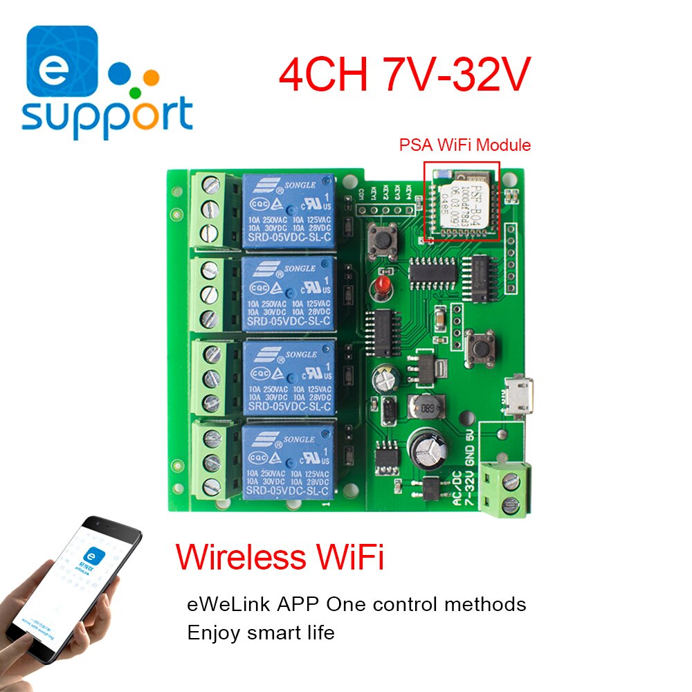 Ewelink Smart Afstandsbediening Wifi Draadloze Schakelaar Module 1CH/4CH DC5V 12V 32V 220V Tippen Zelf-Vergrendeling Rf Ontvangen 10A Relais: 4ch DC7-32V WIFI