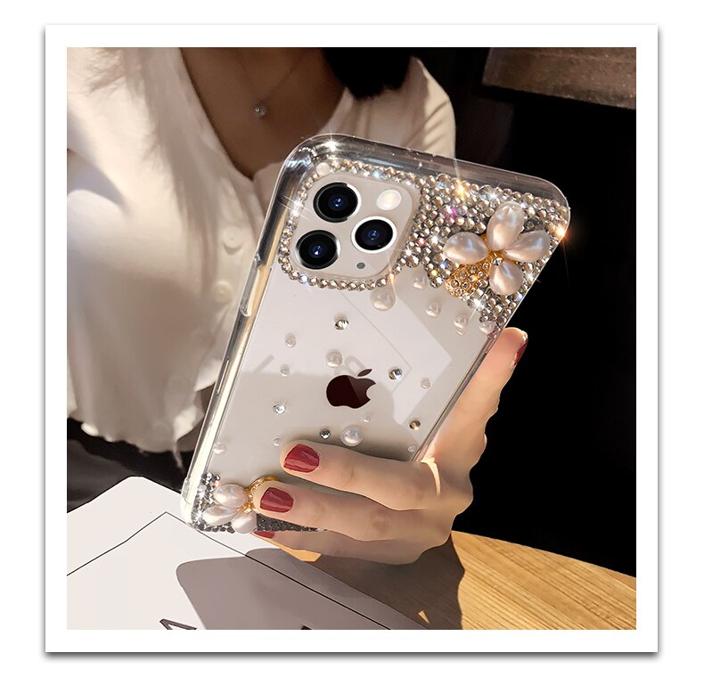 Funda de teléfono con diamantes y perlas para iPhone, funda de teléfono con diamantes de imitación para iPhone 12 mini 11 Pro X XS Max XR 6 6s 7 8 Plus SE