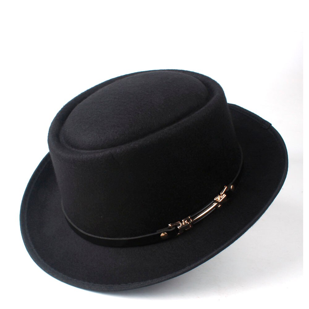 Männer Frauen Wolle Schweinefleisch Kuchen Hütte Mit Leder Gürtel Ich bin Freien Beiläufigen Hütte Panama Kirche Hütte Flache Fedora Jazz Hütte Größe 58CM: Schwarz