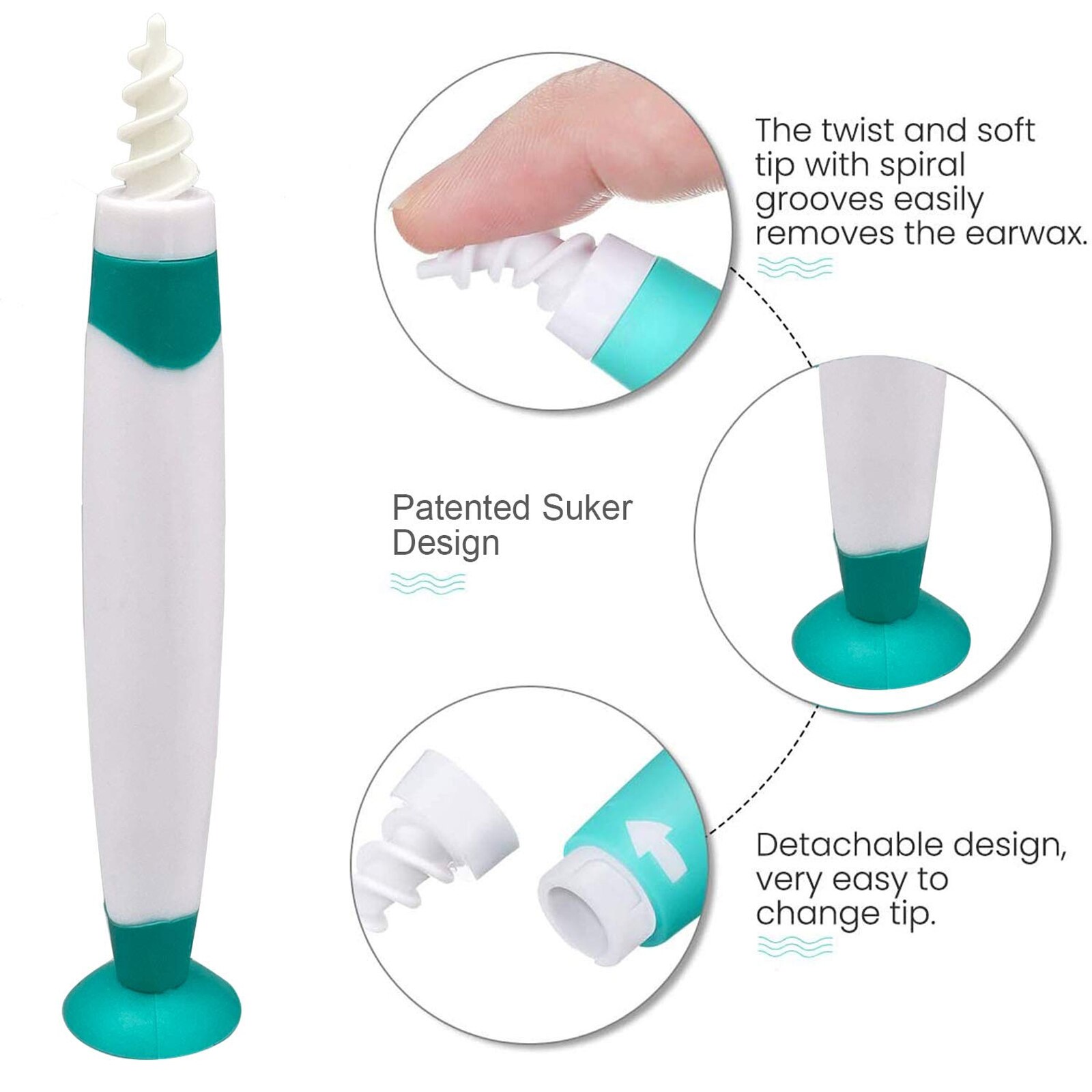 Earpick Spiral Ear Wax Earwax Remover Cleaner with Suction Cup Handle and Soft Replacement Heads for Home Ear Care Supplies
