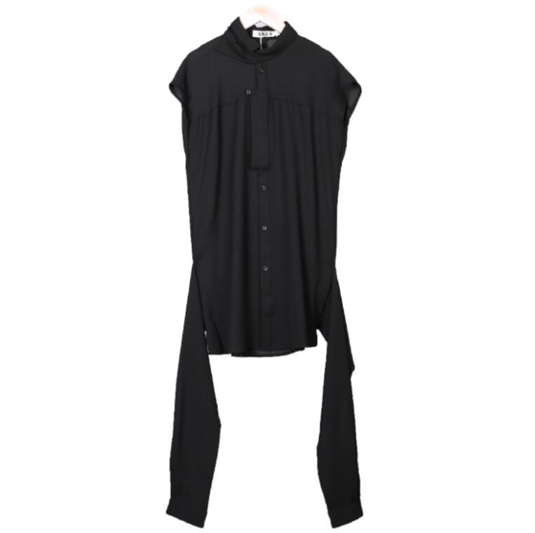 Xs -6xl mænd tøj hårstylist gd personlighed flydende ærmer ærmeløs skjorte scene performance plus size kostumer: Sort / S