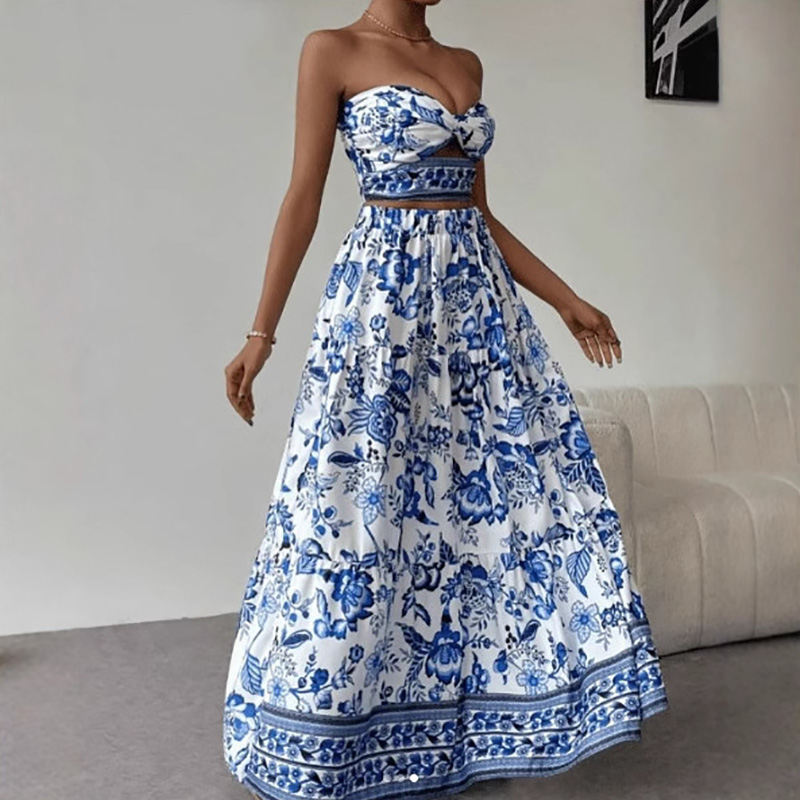 Sommer højtaljede nederdele 2 -delte sæt off-shoulder printet pasform outfits temperament hule ud camisole kvinder sæt: M / Grå