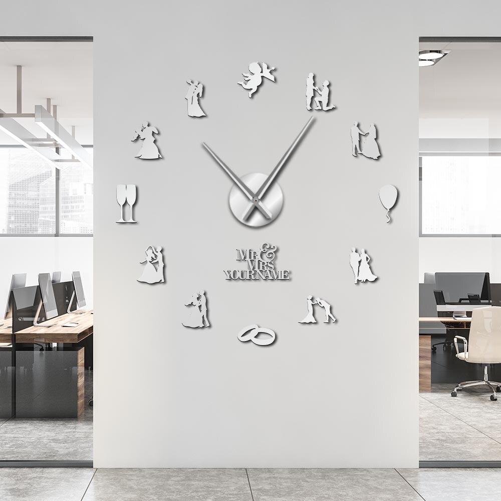 Valentine Couple Engaged DIY Wall Clock Wedding Room Decoration Weddings Self Adhesive 3D Clock With Big Needles Newlywed