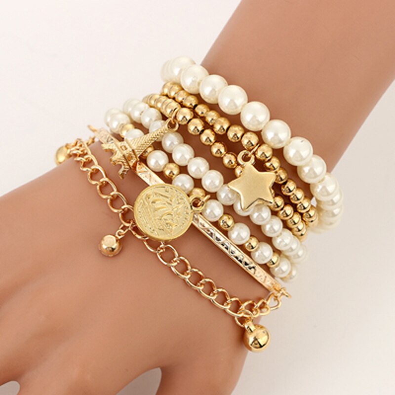 Charm Partij Sieraden 6 Stks/set Mode Goud Kleur Kralen Parel Ster Multilayer Kralen Armbanden Set Voor Vrouwen