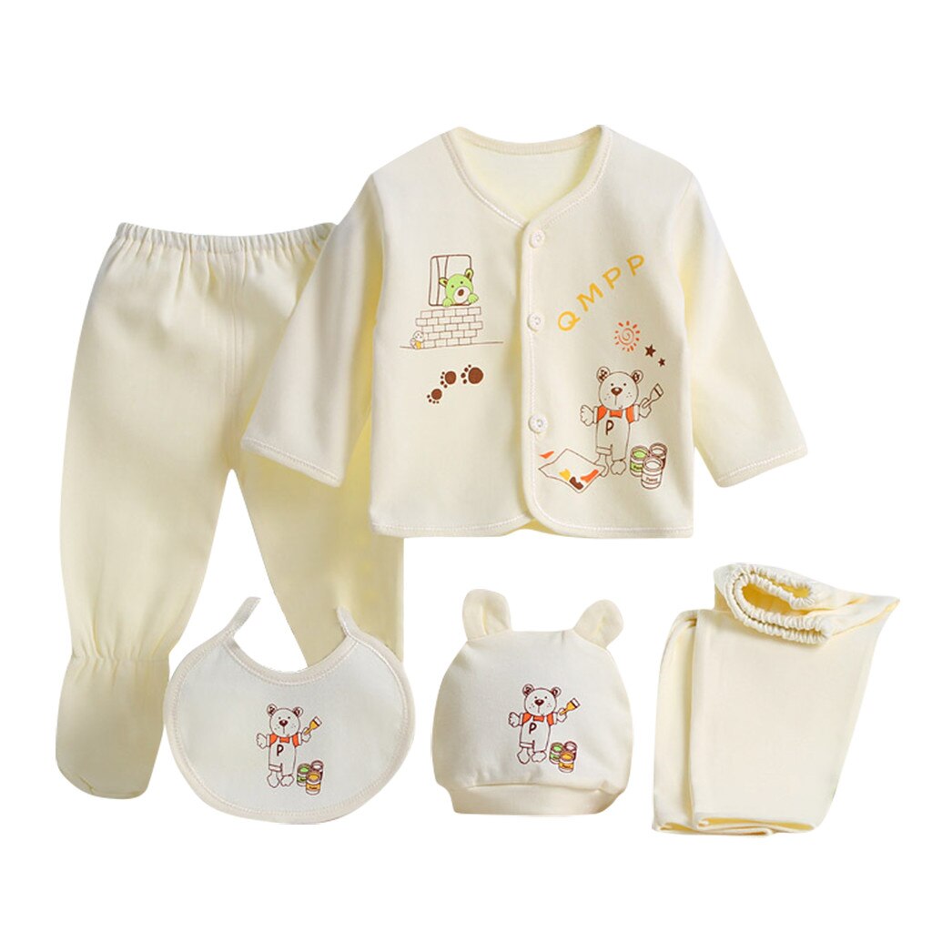 5Pcs Pasgeboren Baby Unisex Kleding Zacht Katoen Set Baby Jongen Meisje Cartoon Lange Mouwen Tops + Hoed + Broek + Bib Outfit Set Zachte Kleding: yellow-2