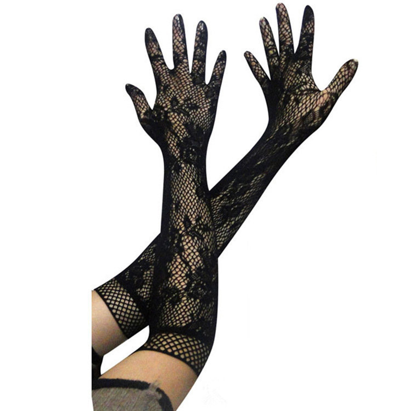 Filet de pêche en dentelle transparente pour femmes, gants noirs élastiques en maille à manches longues pour mariée, gants Sexy pour femmes