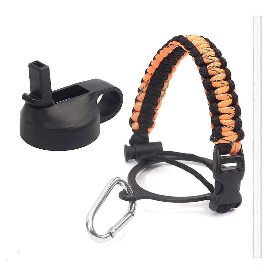 Hydro Flask Thermos Wide Mouth Bottle Safety Ring and Carabiner Paracord Handle with Insulated Wide Mouth Cap + Water Cup Strap: Black orange