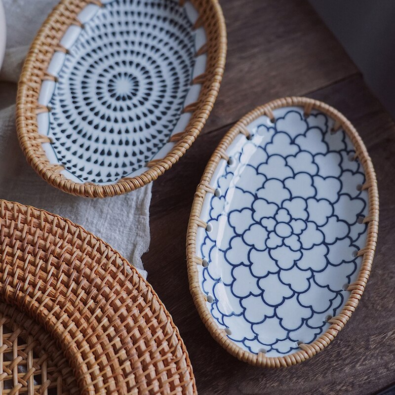 Plato de empalme de porcelana de ratán, platos de cerámica de postre de fruta hechos a mano, platos de almacenamiento para el hogar, plato de baratija ovalado, Producto respetuoso con el medio ambiente