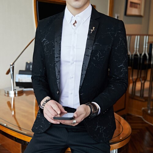 Men's Jacquard Contrast Collar Blazer Red Black Blue Sequin Slim Blazer Men's Club Prom Dress Tuxedo Suit Coat Jacket: Black / XXXL