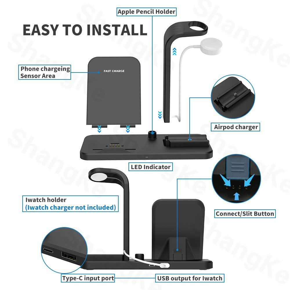 Trådløs oplader 4 in 1 aftagelig station, opladerstativ dock til iphone 11 xs x  xr 8 apple watch airpods pro og alle qi-enheder