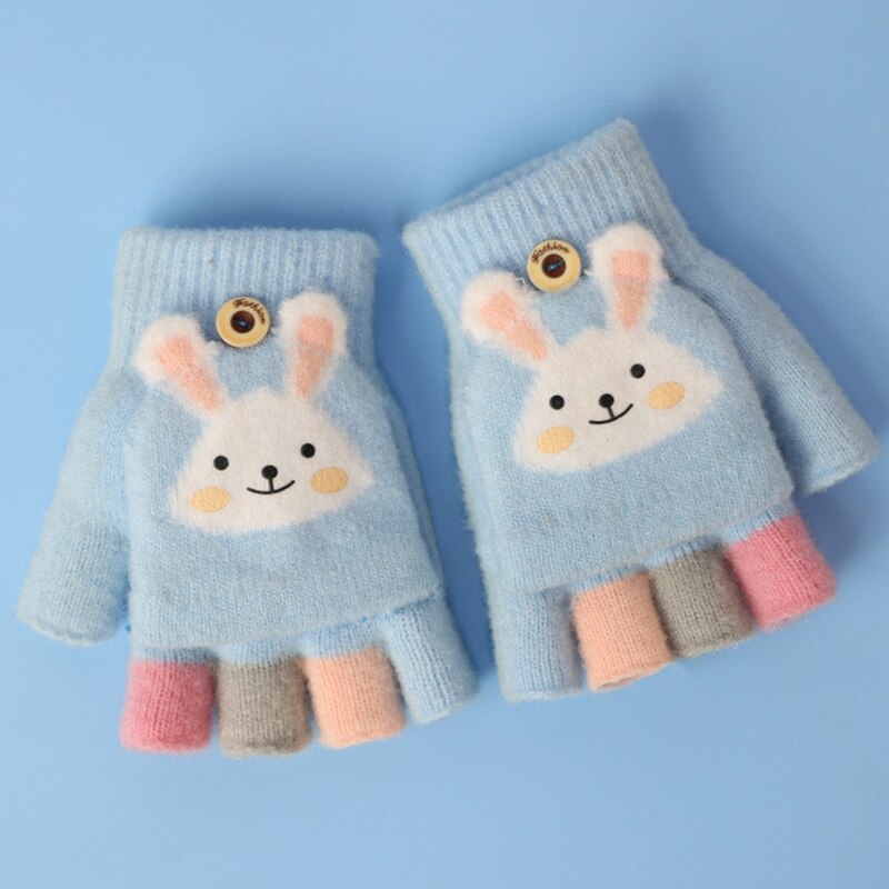 Kids Winter Warm Thicken Handschoenen Meisjes Zachte Half Vinger Cover Dier Vingerloze Handschoenen Outdoor Warme Wanten Handschoenen Voor Kids 5-12Y: rabbit blue