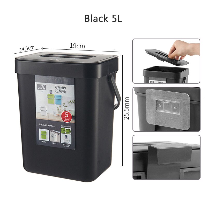 Kitchen Rubbish Bin Wall Mounted Trash Can Home Kitchen Cabinet Door Hanging Trash Garbage Bin Can Rubbish Container Trash Can: Black 5L