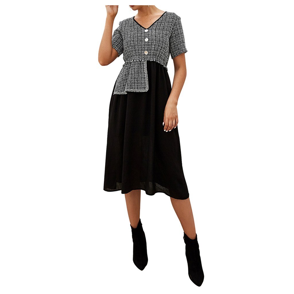 dresses Women Chiffon Knee-Length Dress splice irregular Clothes Short Sleeve Dress Tennis dress: Black / L