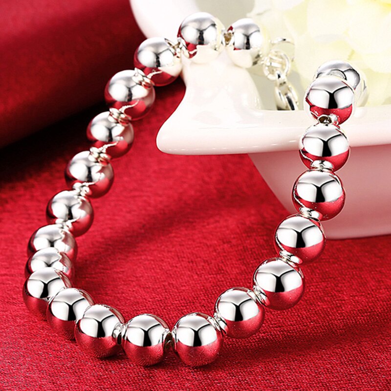 925 Silver 8MM Smooth Bead Bracelets Chains For Women Men Jewelry
