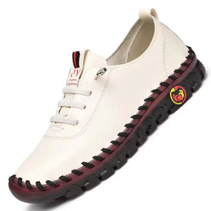 Zapatillas De deporte para Mujer, mocasines De cuero, zapatos cómodos sin cordones, hilo De coser a mano, zapatos para mamá, Zapatillas De Mujer: Blanco / 40