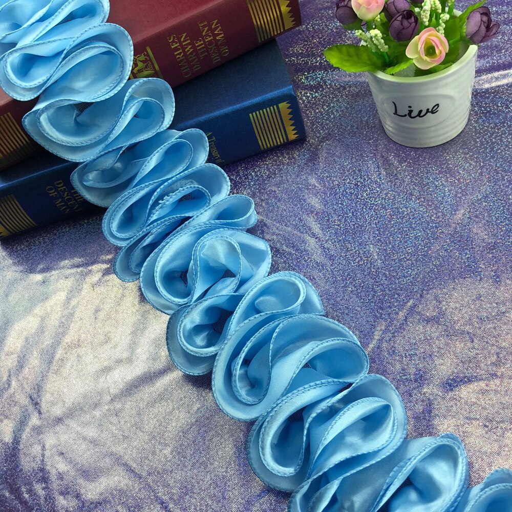 1Yard 10CM Wide Gathered Pleated Satin Lace Wave S Shape Ruffle Frill Trim Ribbon Shiny Sewing Dentelle: sky blue