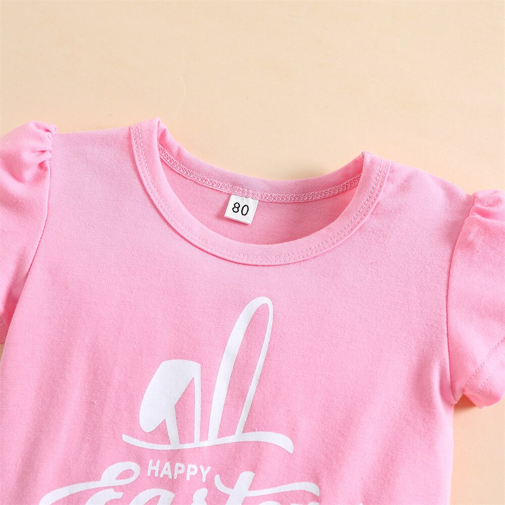 Little Girls 2PCS Easter Skirt Outfits Short Puff Sleeve Letters O-NECK T-Shirt Colorful Rabbit Head Suspender Short Skirt Suits