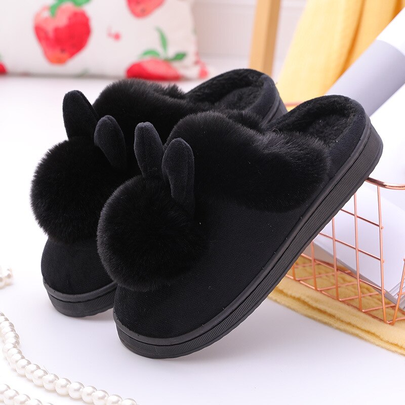 Rabbit Fur Slippers Women Winter Warmth Thickened Sole Indoor Wooden Floor Soft Home Slippers Cotton Shoes Women: Black / 36-37