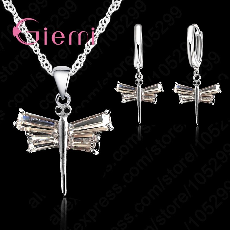925 Sterling Zilveren Bruids Sieraden Witte Zirkonia Sieraden Sets Voor Vrouwen Oorbellen/Hanger/Ketting Dragonfly Bijoux Sets