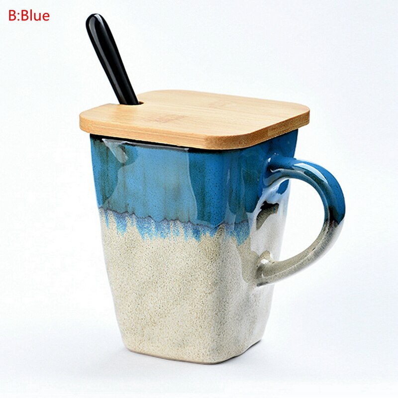 Retro Personality Square Cup Ceramic Cup Large Capacity Mug With Spoon Coffee Cup Household Couple Cup Cups And Mugs: B Blue