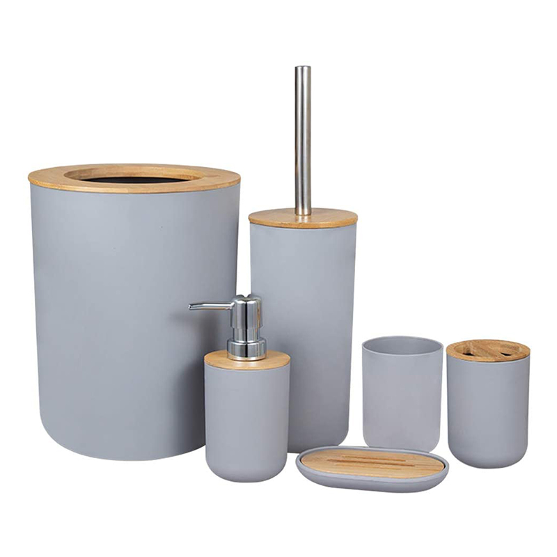 Bamboe Badkamer Accessoires Set Plastic Badkamer Kit Zeep Dispenser, Tandenborstel Beker, Zeepbakje, Toiletborstel Houder, prullenbak: Gray 6pcs C