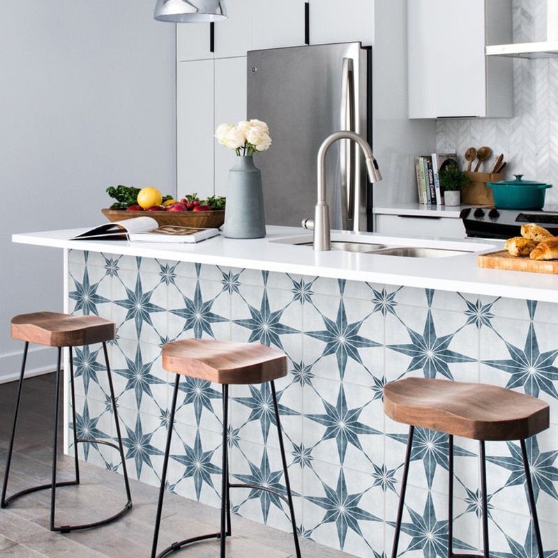 Mediterranean Blue Tile Floor Sticker PVC Bathroom Kitchen Waterproof Wall Sticker Home Decor TV Sofa Wall Art Mural