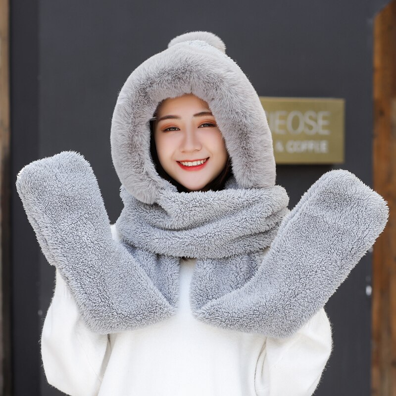 H7733 Women Bomber Hat Female Winter Student Warm Plus Cute Plush Neck Ear Protection Cap Girl Pure Color Thick Soft Lovely Hats: Gray