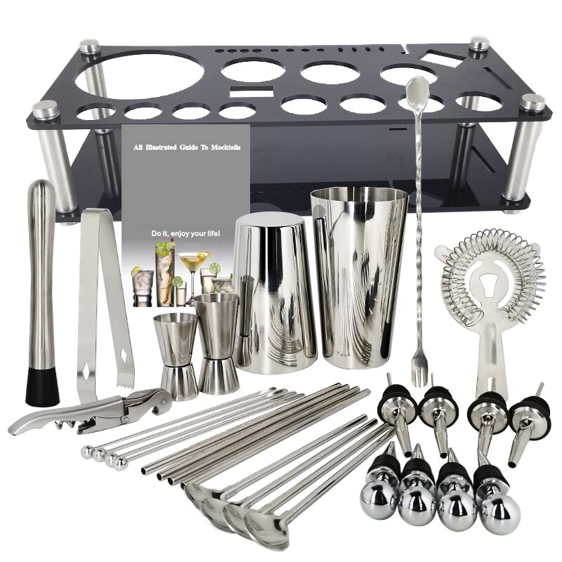 30Pcs/Set Bar Tools Wine Bottle Spoon Jigger Pourer Muddler Stopper Cocktail Shakers Boston Double Shaker With Black Stand