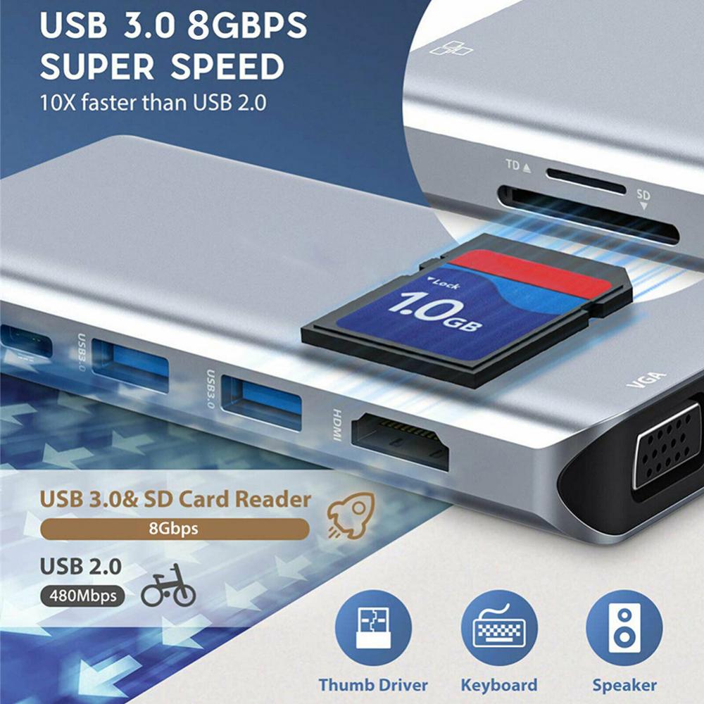 10 w 1 USB C Centrum Multiports adapter stacja dokująca kompatybilny z HDMI VGA Ethernet RJ45 LAN
