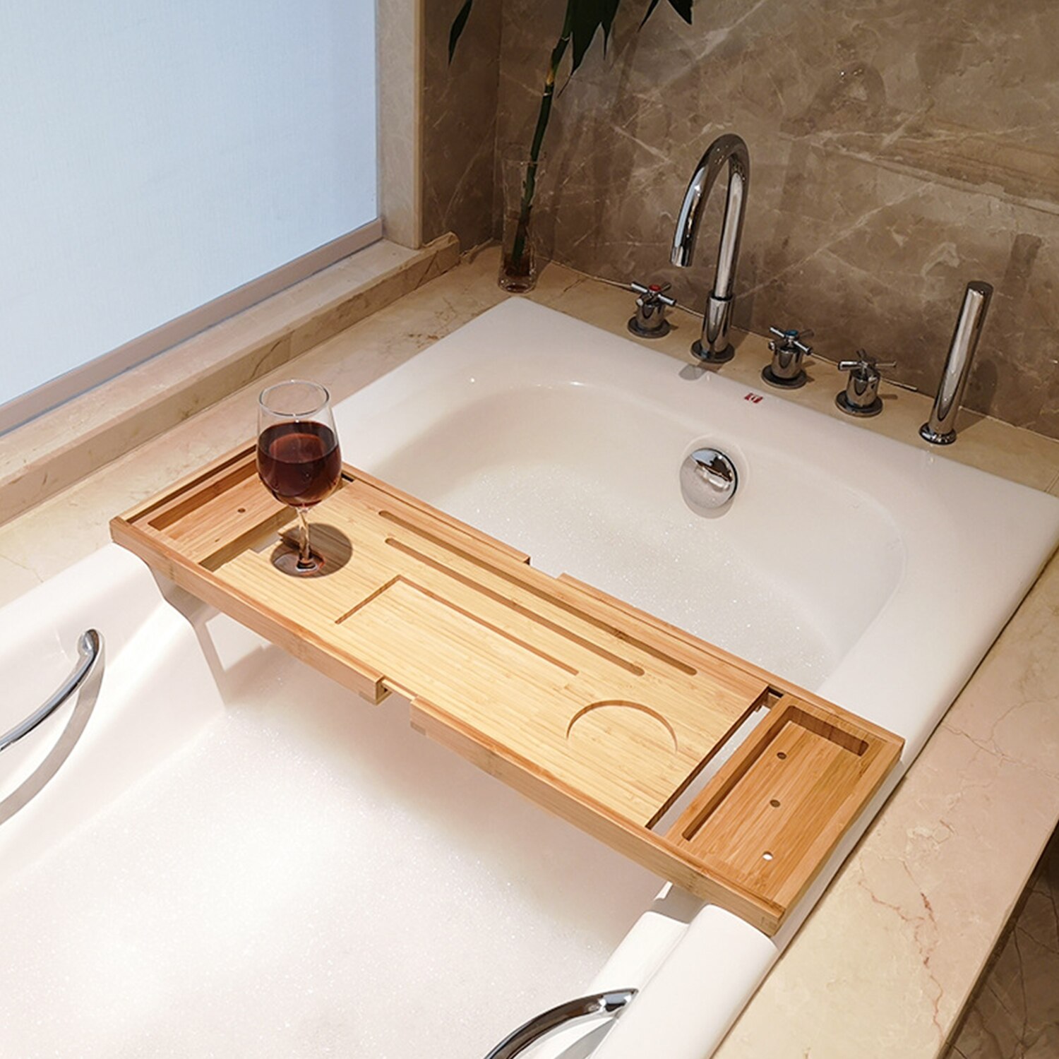 Estante de bambú para bañera de ducha, bandeja de lectura, soporte  extensible