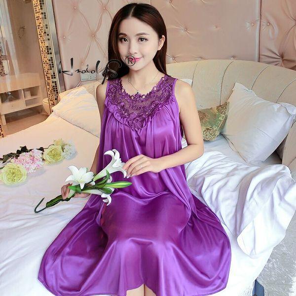 Nachthemden Vrouwen Zomer Ruches Kant Ijs Zijde Nachthemd Sexy Vest Jurk Losse Plus Size Nachtkleding Nachtjapon Sleepshirt Homewear: Dark Purple