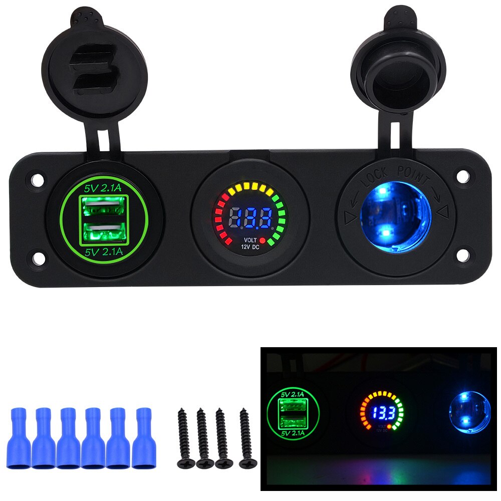 Auto Ladegerät Motorrad Stecker Dual USB Adapter + 12V/24V Zigarette Leichter Buchse Blau LED + Digital Voltmeter CY675-CN